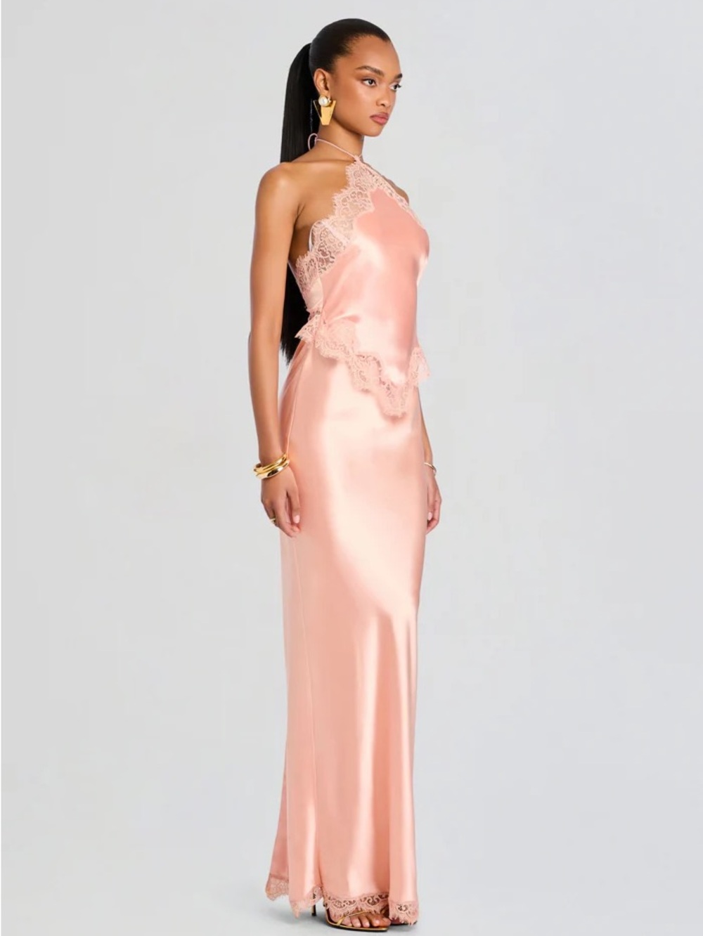 RETROFETE EVERLY DRESS
 Silky Lace Trim Halter Gown in Blush Color Peche - Picture 4 of 5